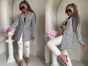 Marynarka LONG krata – szara by me 