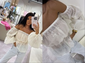 Bluzka hiszpanka MISS print kwiatuszki – ecru by me 