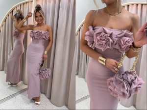 Sukienka ROSE La monne z torebką  pudrowy róż 