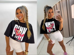 T-shirt PINK La monne  czarny z ecru napisem 